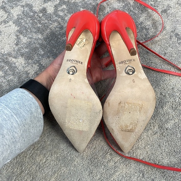 Brother Vellies De Fleur Ankle Tie Pointed Toe Pumps Red Orange PVC Sz 6 - Picture 12 of 15